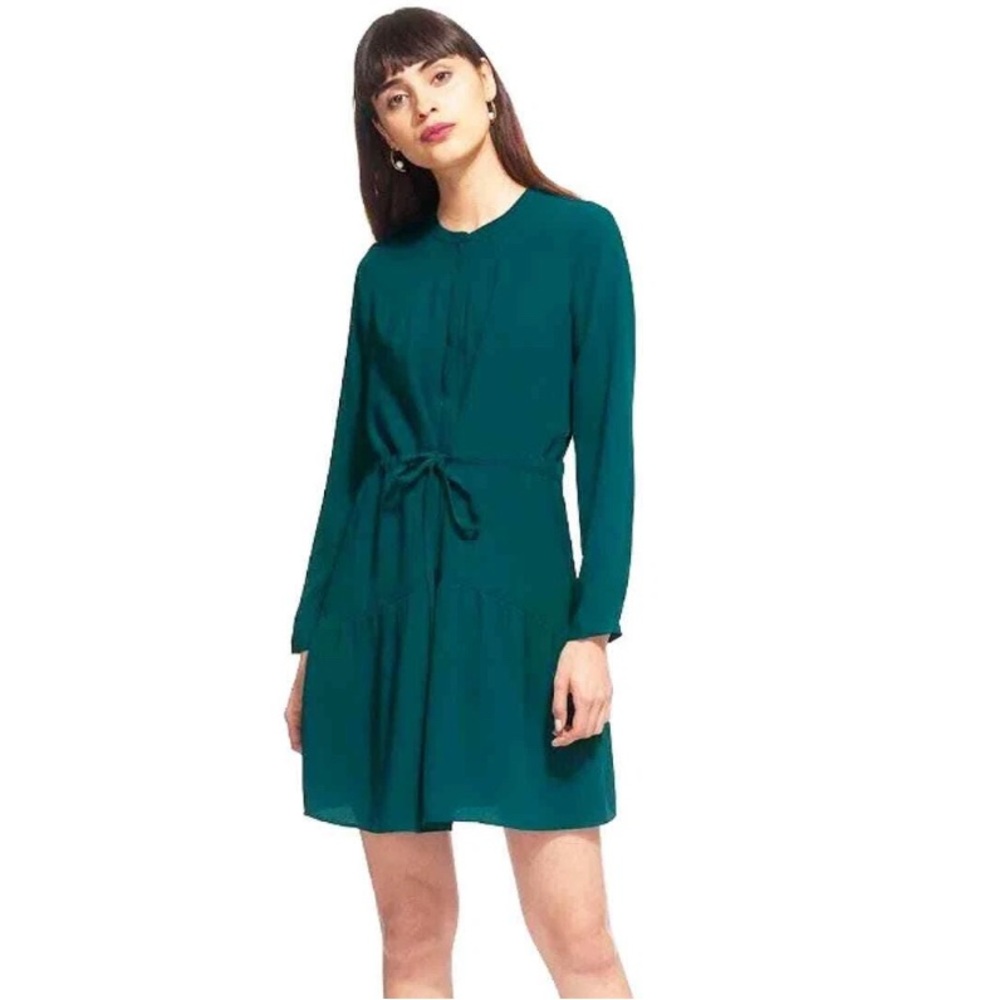 Whistles Teal Blue Long Sleeve Shirt Dress 2 XS Work Office Tiered Ruffle Casual